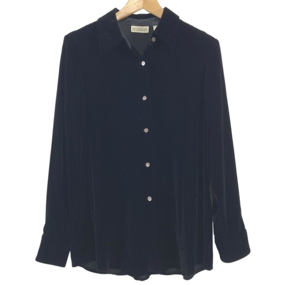 Ann Taylor Womens Velvet Long‎ Sleeve Button Up Shirt sz 10 Petite Black Boho